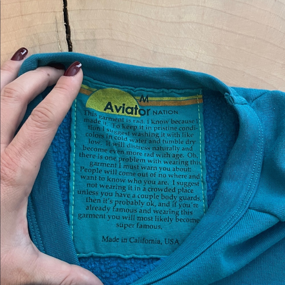 Aviator Nation Teal Crewneck with Neon Yellow Lightning - Picture 2 of 4